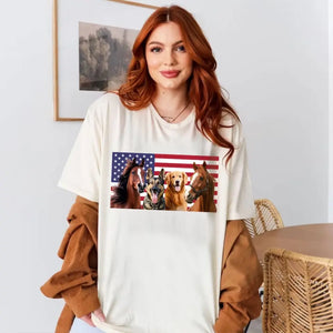 Personalized Upload Your Photo Horse & Dog US Flag Independence Day 4th July Gift T-shirt Printed HN241600