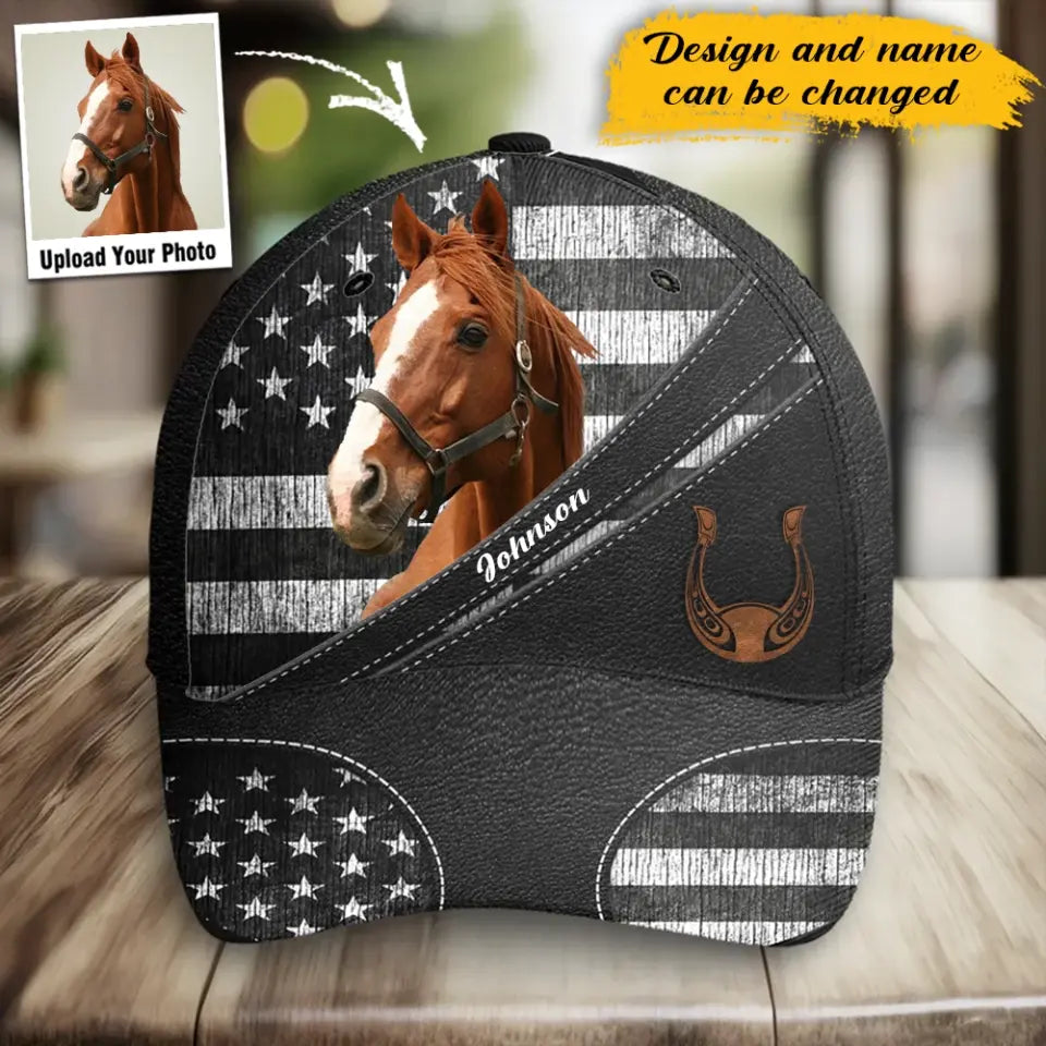 Personalized Upload Your Horse Photo US Flag Horse Lovers Gift Cap 3D Printed HN241706