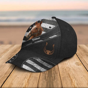 Personalized Upload Your Horse Photo US Flag Horse Lovers Gift Cap 3D Printed HN241706