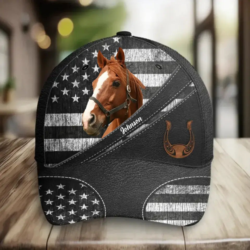 Personalized Upload Your Horse Photo US Flag Horse Lovers Gift Cap 3D Printed HN241706