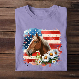 Personalized Upload Your Horse Photo Horse Flowers US Flag Horse Lovers Gift T-shirt Printed HN241760