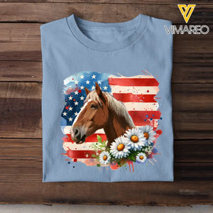 Personalized Upload Your Horse Photo Horse Flowers US Flag Horse Lovers Gift T-shirt Printed HN241760