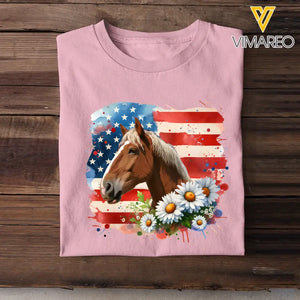 Personalized Upload Your Horse Photo Horse Flowers US Flag Horse Lovers Gift T-shirt Printed HN241760