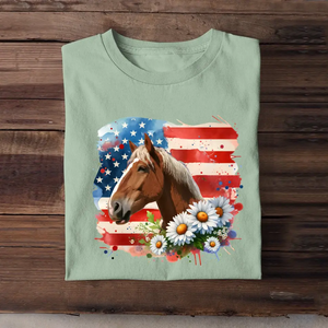 Personalized Upload Your Horse Photo Horse Flowers US Flag Horse Lovers Gift T-shirt Printed HN241760