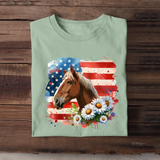 Personalized Upload Your Horse Photo Horse Flowers US Flag Horse Lovers Gift T-shirt Printed HN241760