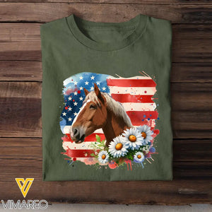 Personalized Upload Your Horse Photo Horse Flowers US Flag Horse Lovers Gift T-shirt Printed HN241760