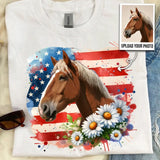 Personalized Upload Your Horse Photo Horse Flowers US Flag Horse Lovers Gift T-shirt Printed HN241760