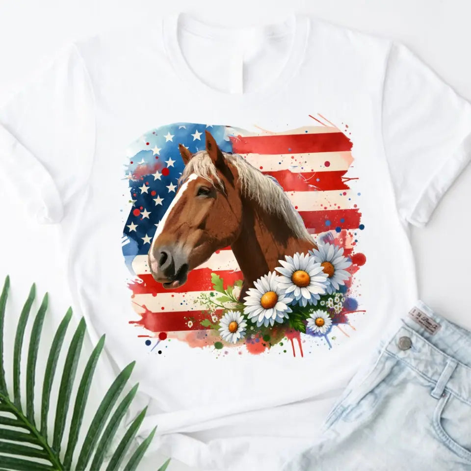 Personalized Upload Your Horse Photo Horse Flowers US Flag Horse Lovers Gift T-shirt Printed HN241760