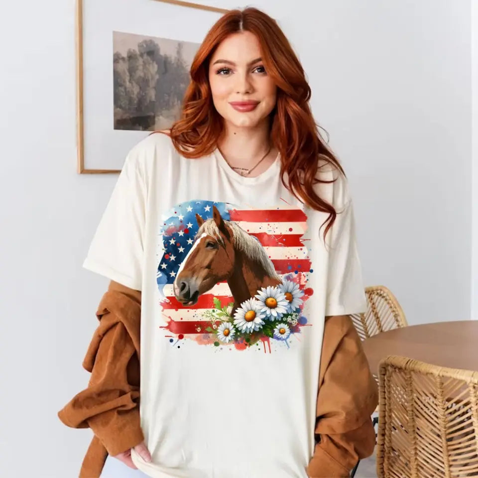 Personalized Upload Your Horse Photo Horse Flowers US Flag Horse Lovers Gift T-shirt Printed HN241760