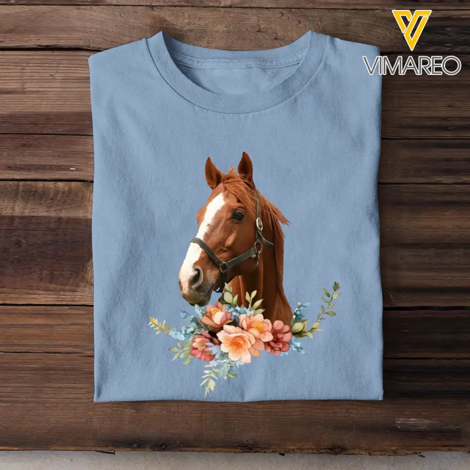 Personalized Upload Your Horse Photo Horse Flowers Horse Lovers Gift T-shirt Printed HN241764