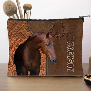 Personalized Upload Your Horse Photo Leather Background Make Up Cosmetic Bag Printed KVH241796