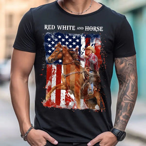 Personalized Upload Your Photo Red White And Horse Horse Riding US Flag Horse Lovers Gift T-shirt Printed HN241820