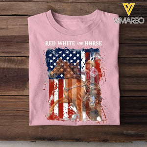 Personalized Upload Your Photo Red White And Horse Horse Riding US Flag Horse Lovers Gift T-shirt Printed HN241820