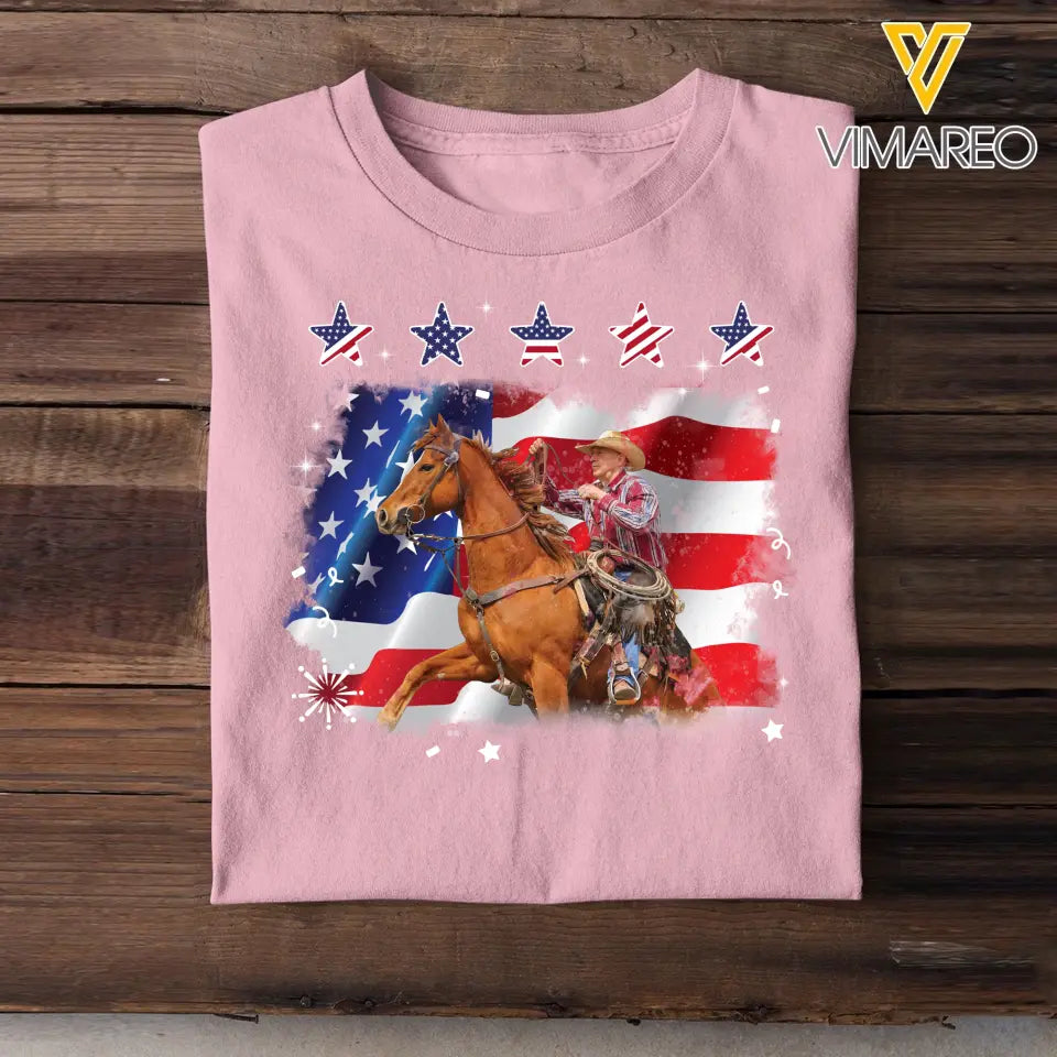 Personalized Upload Your Photo Horse Riding US Flag Horse Lovers Gift T-shirt Printed HN241828