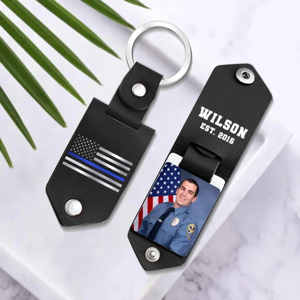 Personalized Upload Your Photo Police Officer US Flag Blue Line Custom Name & Time Leather Keychain Printed QTKH241875