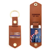 Personalized Upload Your Photo Police Officer US Flag Blue Line Custom Name & Time Leather Keychain Printed QTKH241875