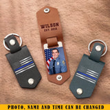 Personalized Upload Your Photo Police Officer US Flag Blue Line Custom Name & Time Leather Keychain Printed QTKH241875