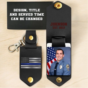 Personalized Upload Your Photo Police Officer US Flag Blue Line Custom Name & Time Leather Keychain Printed QTKH241875