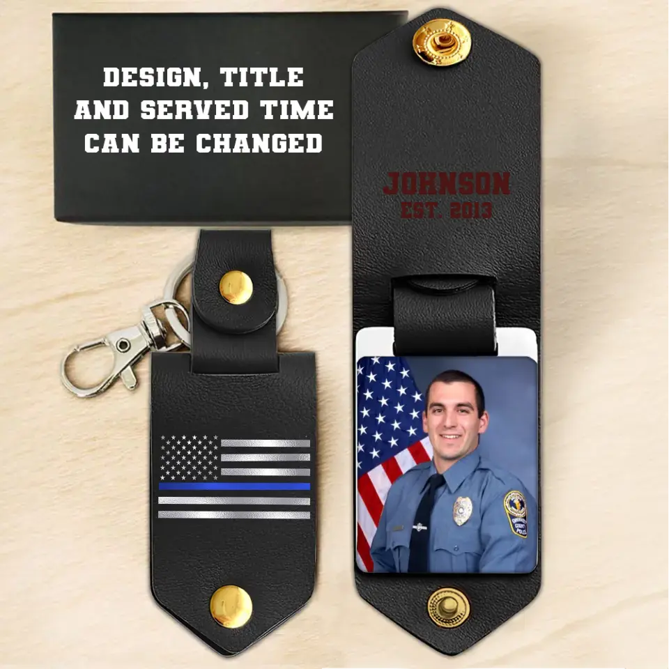 Personalized Upload Your Photo Police Officer US Flag Blue Line Custom Name & Time Leather Keychain Printed QTKH241875