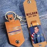 Personalized Upload Your Photo Police Officer US Flag Blue Line Custom Name & Time Leather Keychain Printed QTKH241875