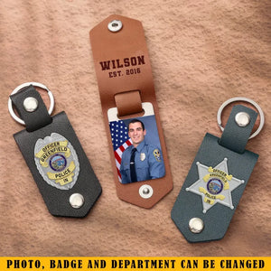 Personalized Upload Your Photo Police Officer Flag Custom Name & Time Leather Keychain Printed QTKH241891