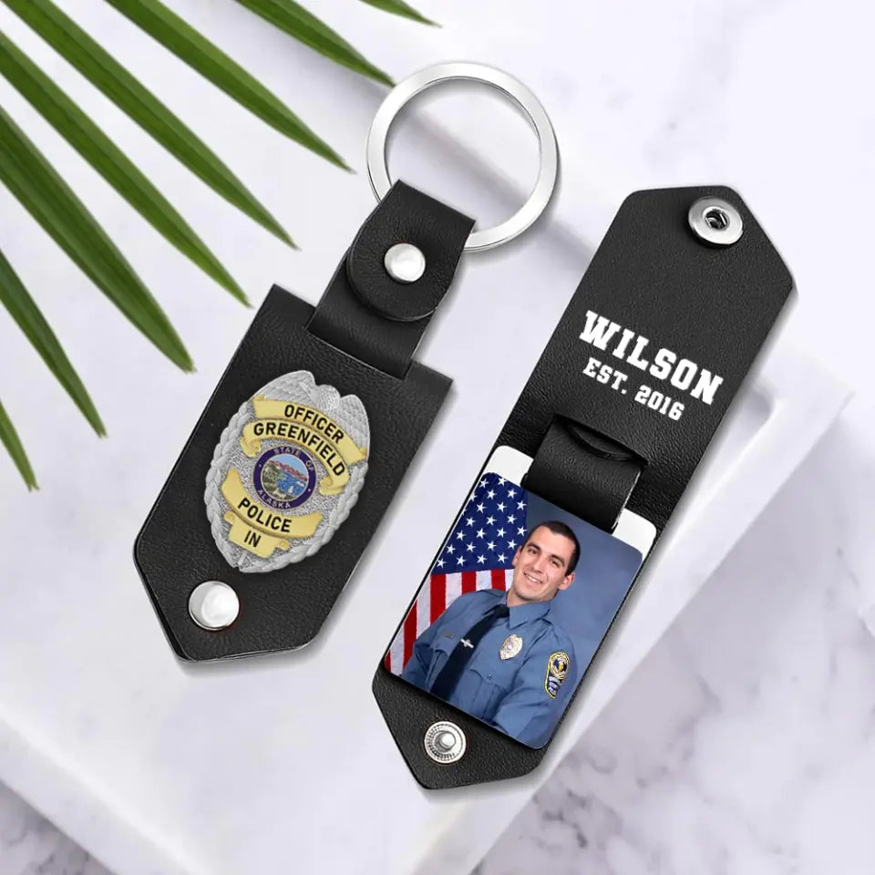 Personalized Upload Your Photo Police Officer Flag Custom Name & Time Leather Keychain Printed QTKH241891