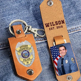 Personalized Upload Your Photo Police Officer Flag Custom Name & Time Leather Keychain Printed QTKH241891