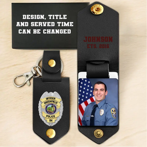 Personalized Upload Your Photo Police Officer Flag Custom Name & Time Leather Keychain Printed QTKH241891