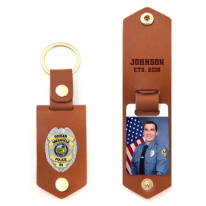 Personalized Upload Your Photo Police Officer Flag Custom Name & Time Leather Keychain Printed QTKH241891