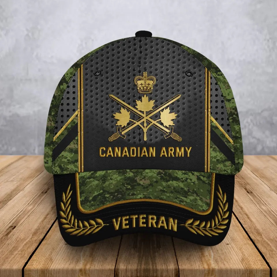 Personalized Canadian Army Veteran Camo Canadian Military Logo Custom Rank & Name Cap 3D Printed AHVA241906