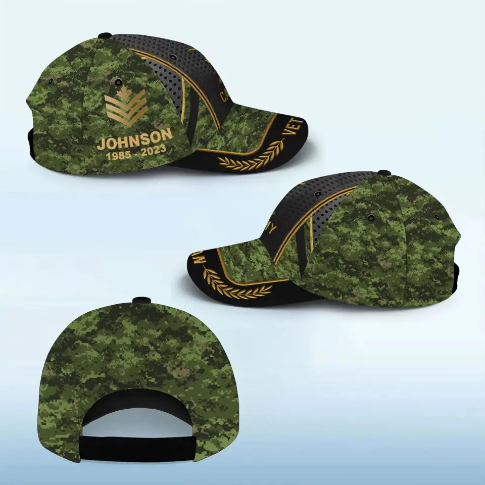 Personalized Canadian Army Veteran Camo Canadian Military Logo Custom Rank & Name Cap 3D Printed AHVA241906