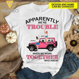 PERSONALIZED JEEP DOG BESTIES COUPLE APPARENTLY WE'RE TROUBLE TSHIRT PRINTED