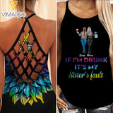 PERSONALIZED IF I'M DRUNK IT'S MY BESTIES FAULT TIE DYE SUNFLOWER CRISS CROSS TANK QTTN1504