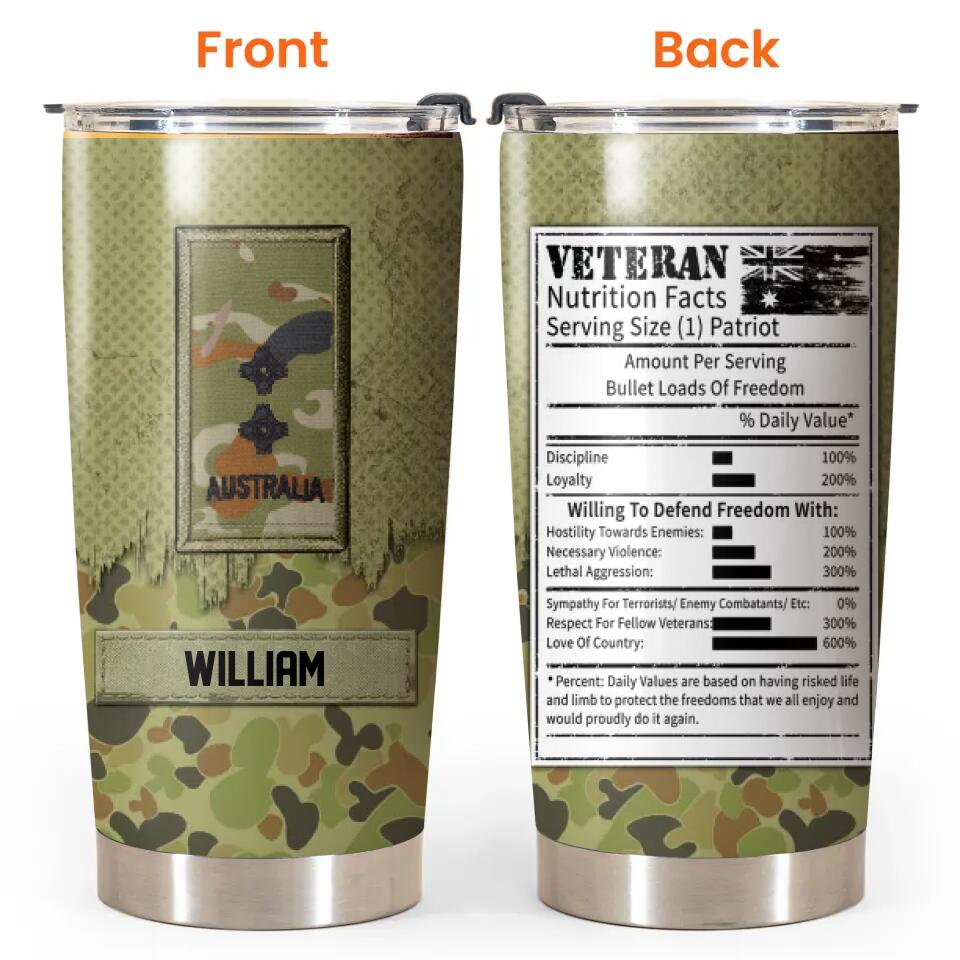 Personalized Veteran Nutrition Facts With Australian Rank Camo Tumbler Printed 22DEC-DT22