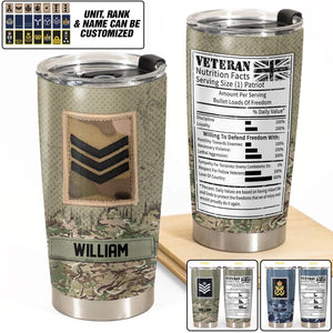 Personalized Veteran Nutrition Facts With UK Rank Camo Tumbler Printed 22DEC-DT22