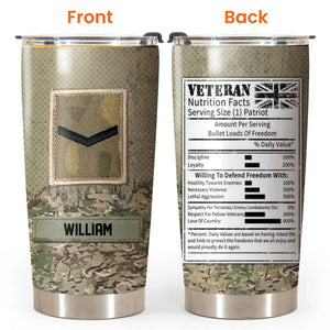 Personalized Veteran Nutrition Facts With UK Rank Camo Tumbler Printed 22DEC-DT22