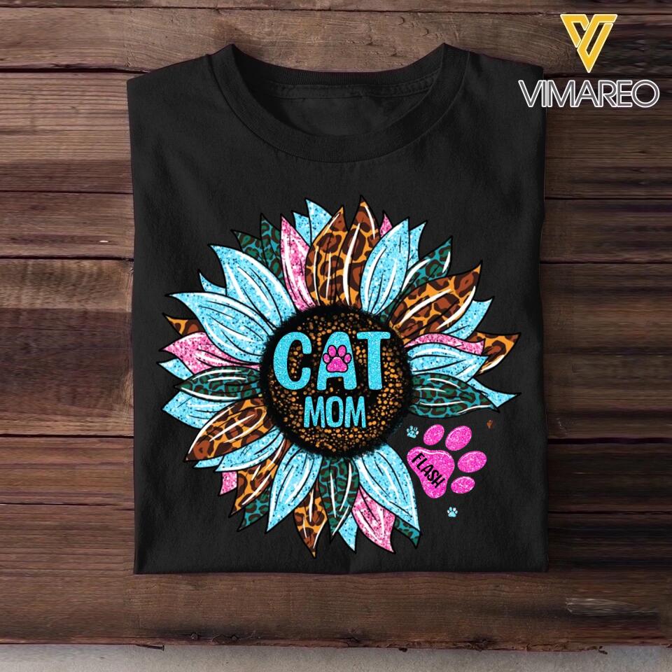 Personalized Tie Dye Leopard Sparkling Sunflower & Cat Mom Tshirt Printed 23FEB-DT16