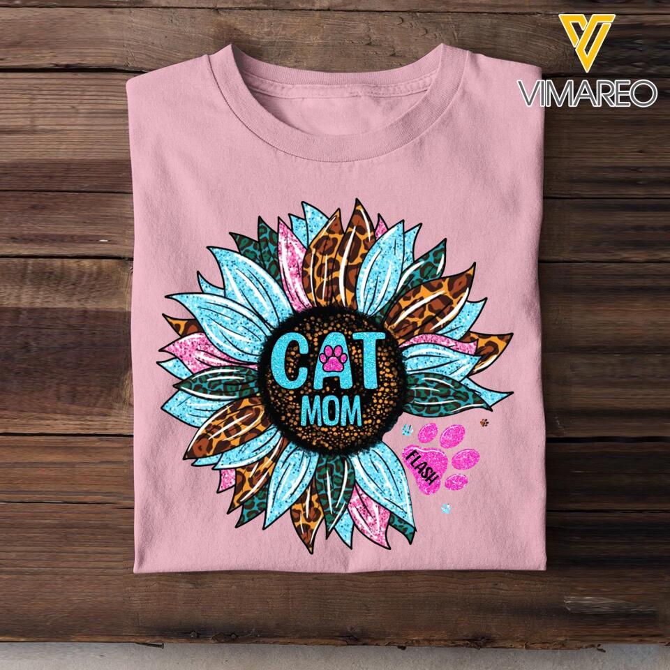 Personalized Tie Dye Leopard Sparkling Sunflower & Cat Mom Tshirt Printed 23FEB-DT16