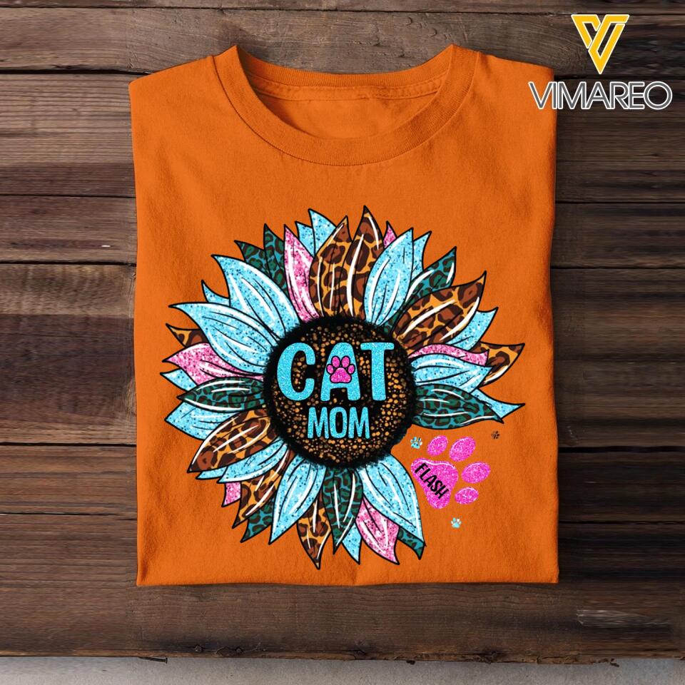 Personalized Tie Dye Leopard Sparkling Sunflower & Cat Mom Tshirt Printed 23FEB-DT16