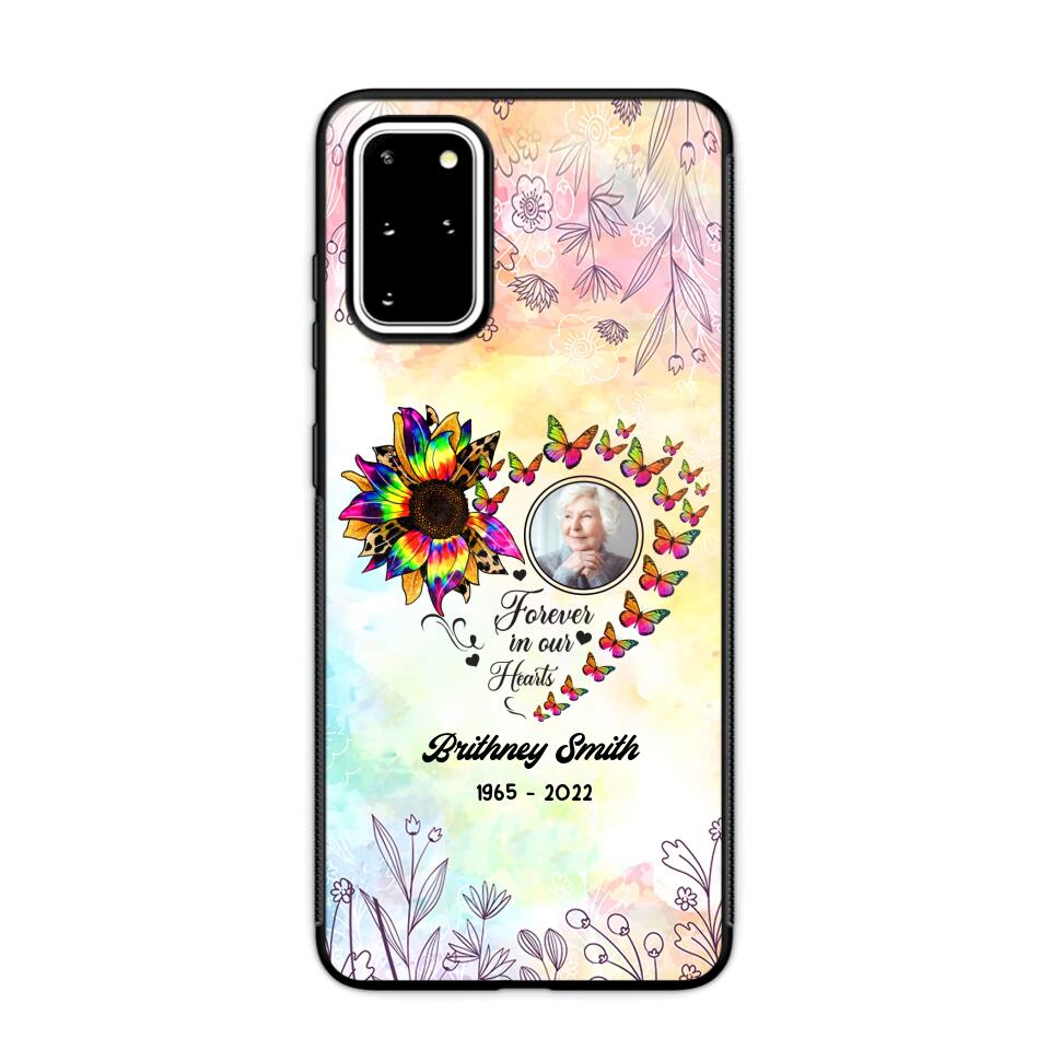 Memorial Upload Photo, Sunflower Heart Forever In Our Hearts Personalized Phone case Printed QTHQ2002