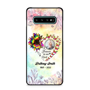 Memorial Upload Photo, Sunflower Heart Forever In Our Hearts Personalized Phone case Printed QTHQ2002