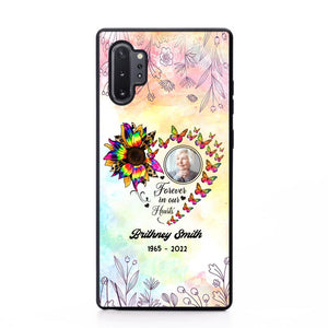 Memorial Upload Photo, Sunflower Heart Forever In Our Hearts Personalized Phone case Printed QTHQ2002