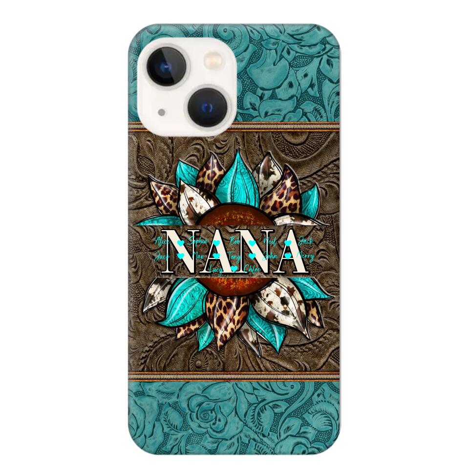 Personalized Sunflower Leather Grandma & Kid's Name Phonecase Printed 23MAR-HQ16