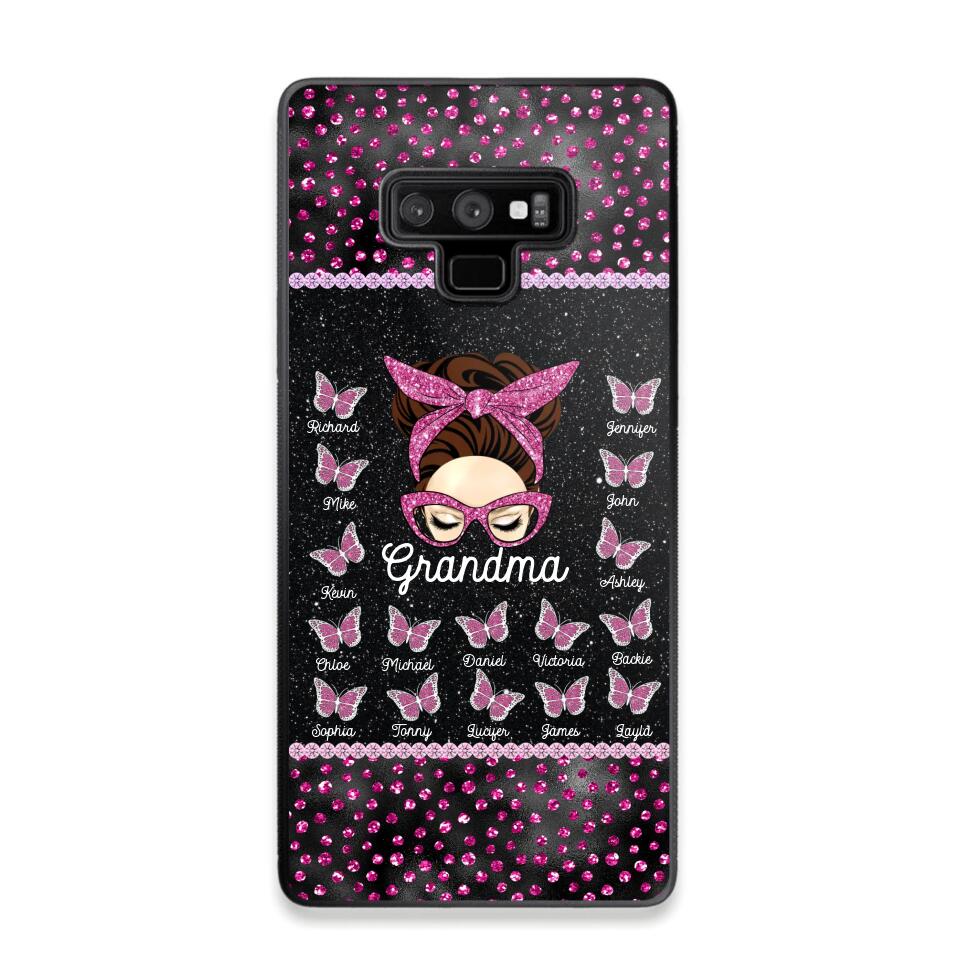 Personalized Grandma Nana Mom Aunt Pink Glam Glitter Buttterfly & Kid's Name Phonecase Printed PNDT2003