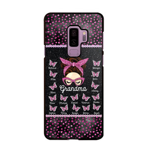 Personalized Grandma Nana Mom Aunt Pink Glam Glitter Buttterfly & Kid's Name Phonecase Printed PNDT2003