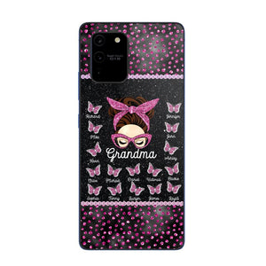 Personalized Grandma Nana Mom Aunt Pink Glam Glitter Buttterfly & Kid's Name Phonecase Printed PNDT2003