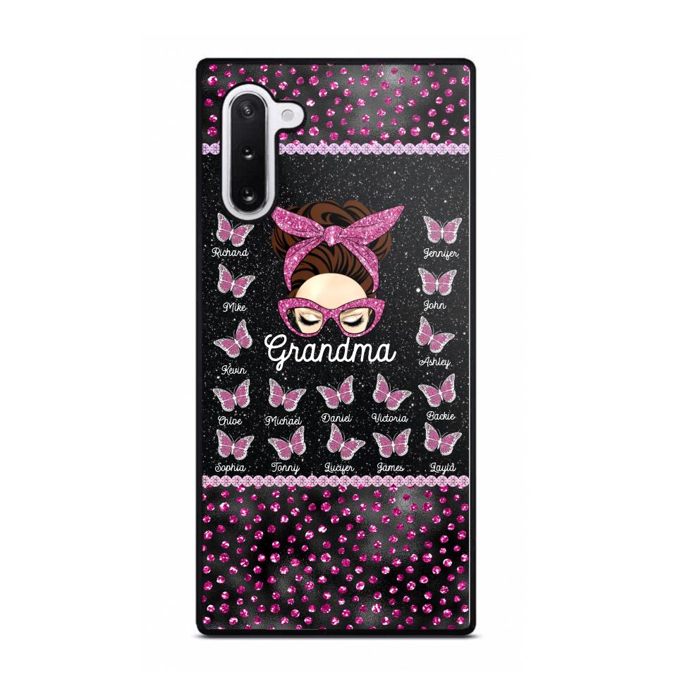 Personalized Grandma Nana Mom Aunt Pink Glam Glitter Buttterfly & Kid's Name Phonecase Printed PNDT2003