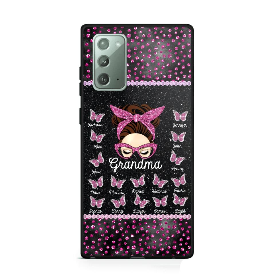 Personalized Grandma Nana Mom Aunt Pink Glam Glitter Buttterfly & Kid's Name Phonecase Printed PNDT2003