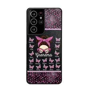 Personalized Grandma Nana Mom Aunt Pink Glam Glitter Buttterfly & Kid's Name Phonecase Printed PNDT2003