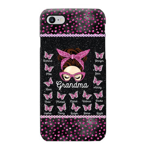 Personalized Grandma Nana Mom Aunt Pink Glam Glitter Buttterfly & Kid's Name Phonecase Printed PNDT2003